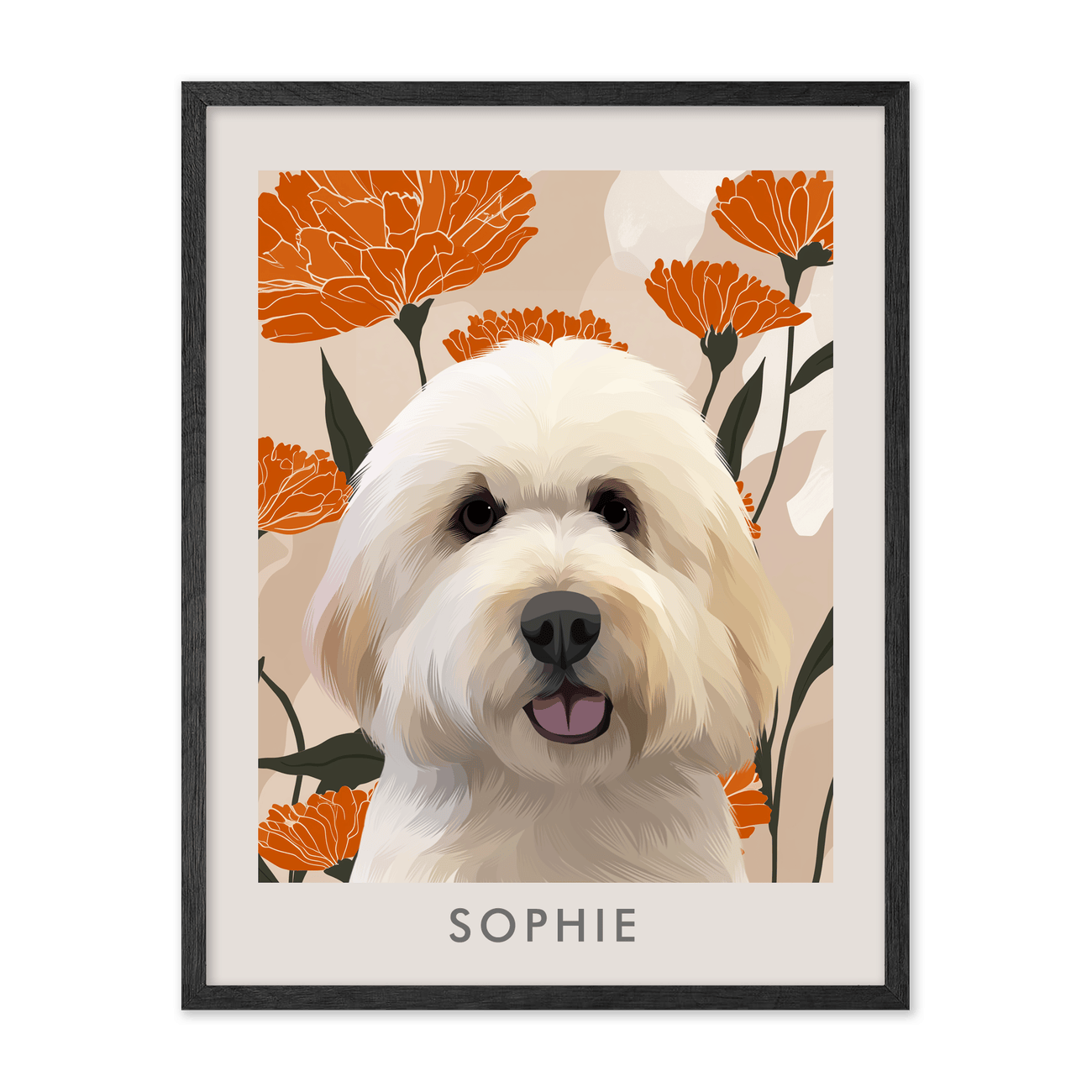 petportrait-vertical-bloomingmarigoldfloralillustration_Black-Oak-Frame.png