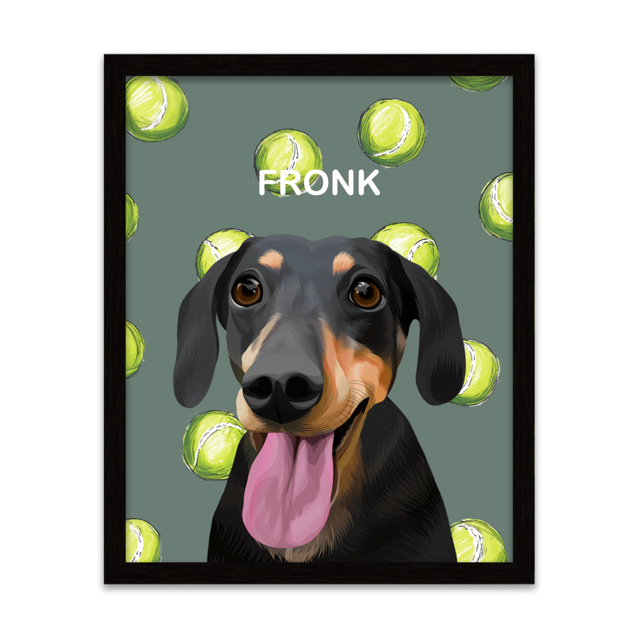 Pet portrait of a black dachshund dog named Fronk, against a playful tennis ball pattern on a neutral green background, displayed in a metal frame.