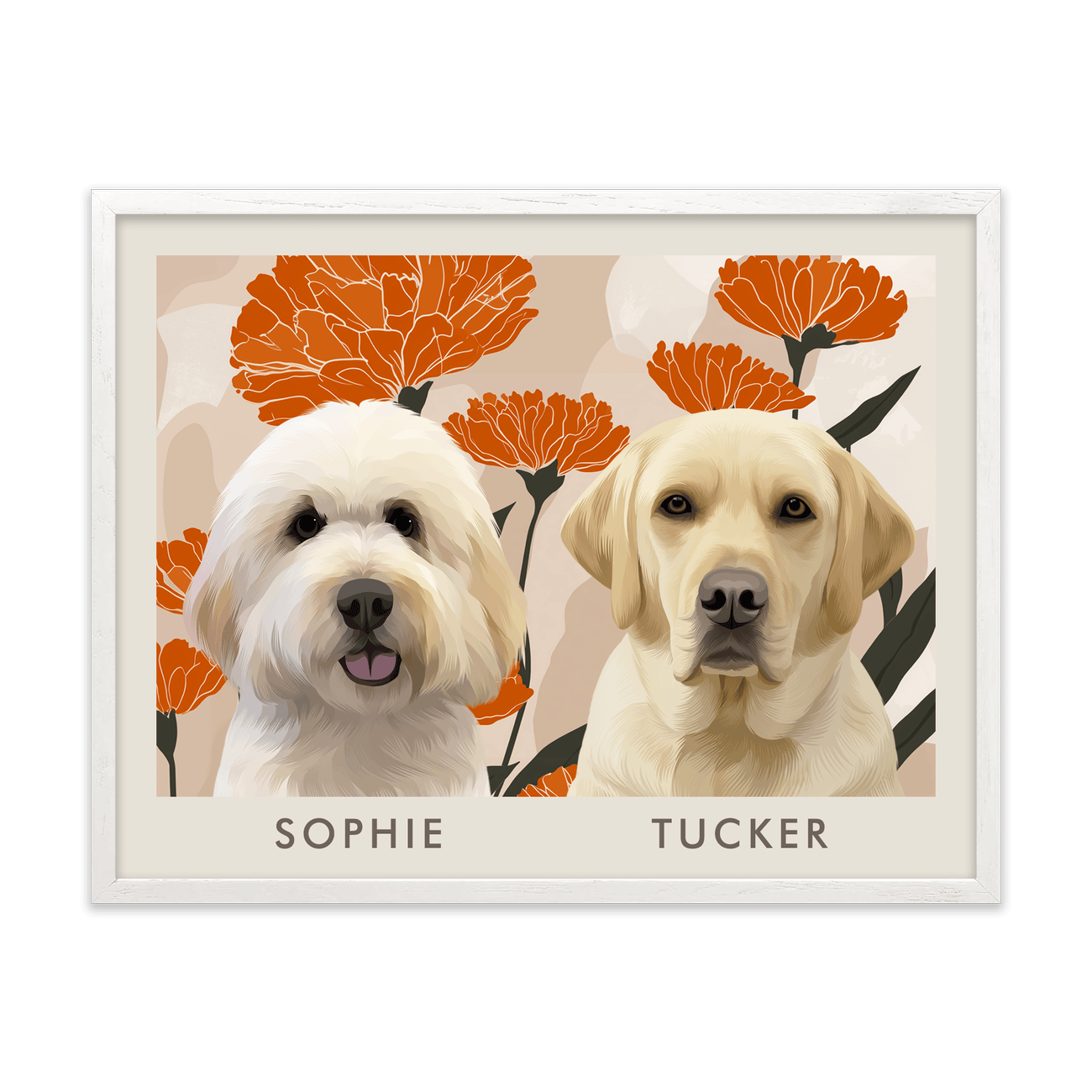 2petportrait-horizontal-bloomingmarigoldfloralillustration_White-Oak-Frame.png
