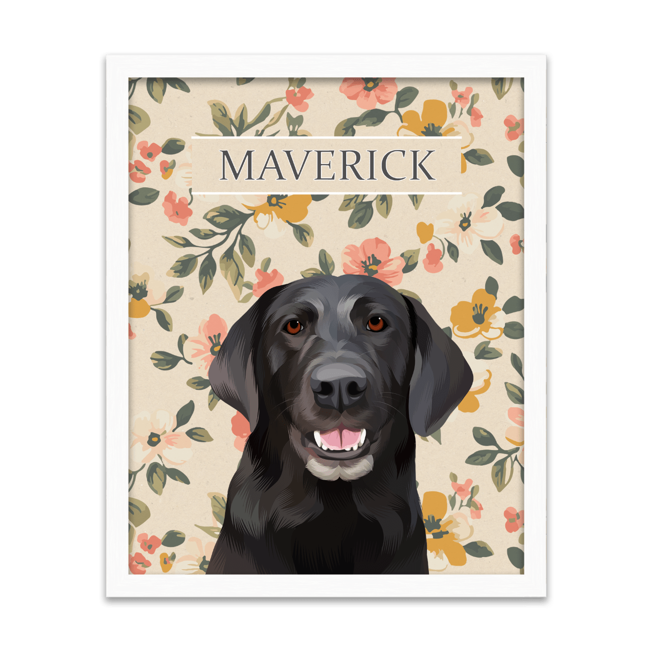 Vintage-style custom pet portrait of a black dog named Maverick , featuring a hand-illustrated floral background with a white oak frame.