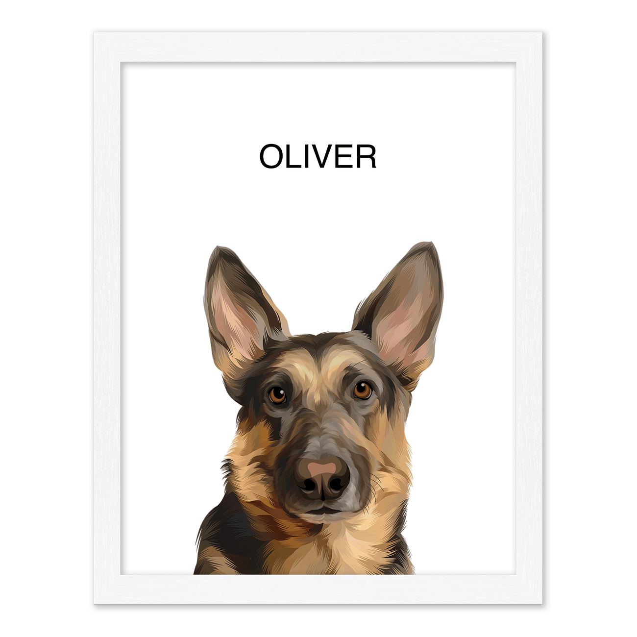 Bright and airy vertical pet portrait of a German Shepherd named Oliver, framed in a crisp white wood frame for a clean, modern look.