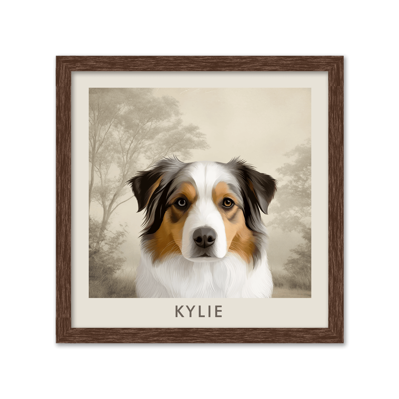 Hand-illustrated Australian Shepherd portrait set in a classic pastoral scene, paired with a rich walnut frame for a warm traditional style.
