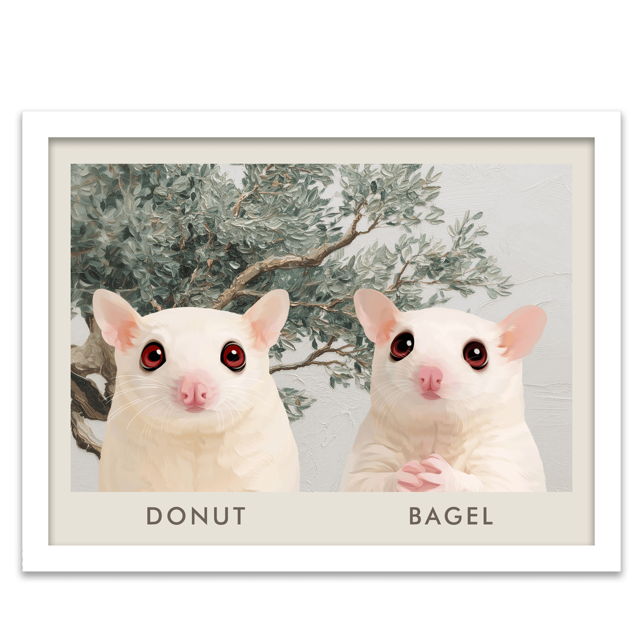 Light white frame paired with a custom two pet portrait from your pet featuring an airy Mediterranean olive tree background.