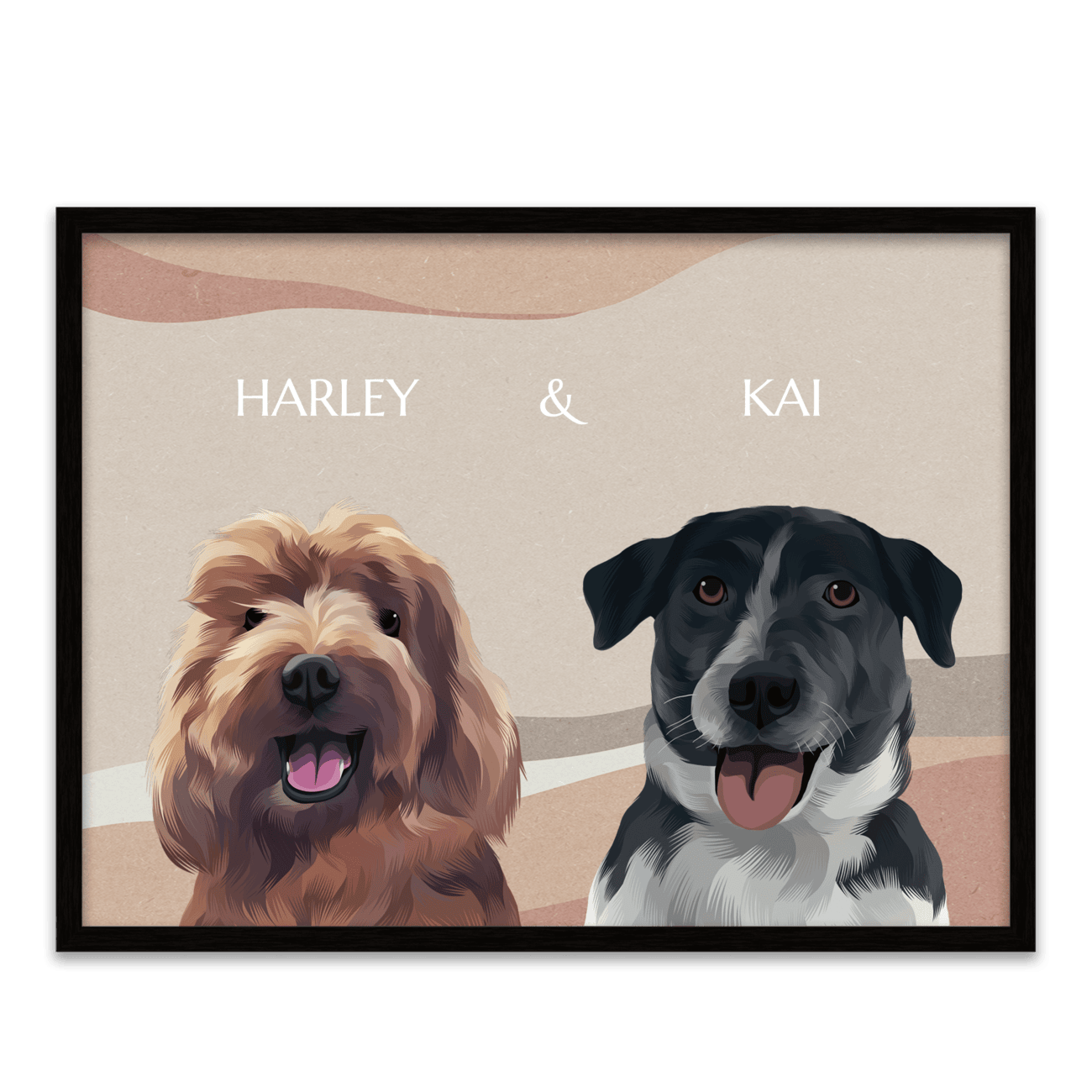 Boho pet portrait of a dog named Harley and a black dog named Kai, custom hand-illustrated with a warm earthy background and framed in a metal frame.