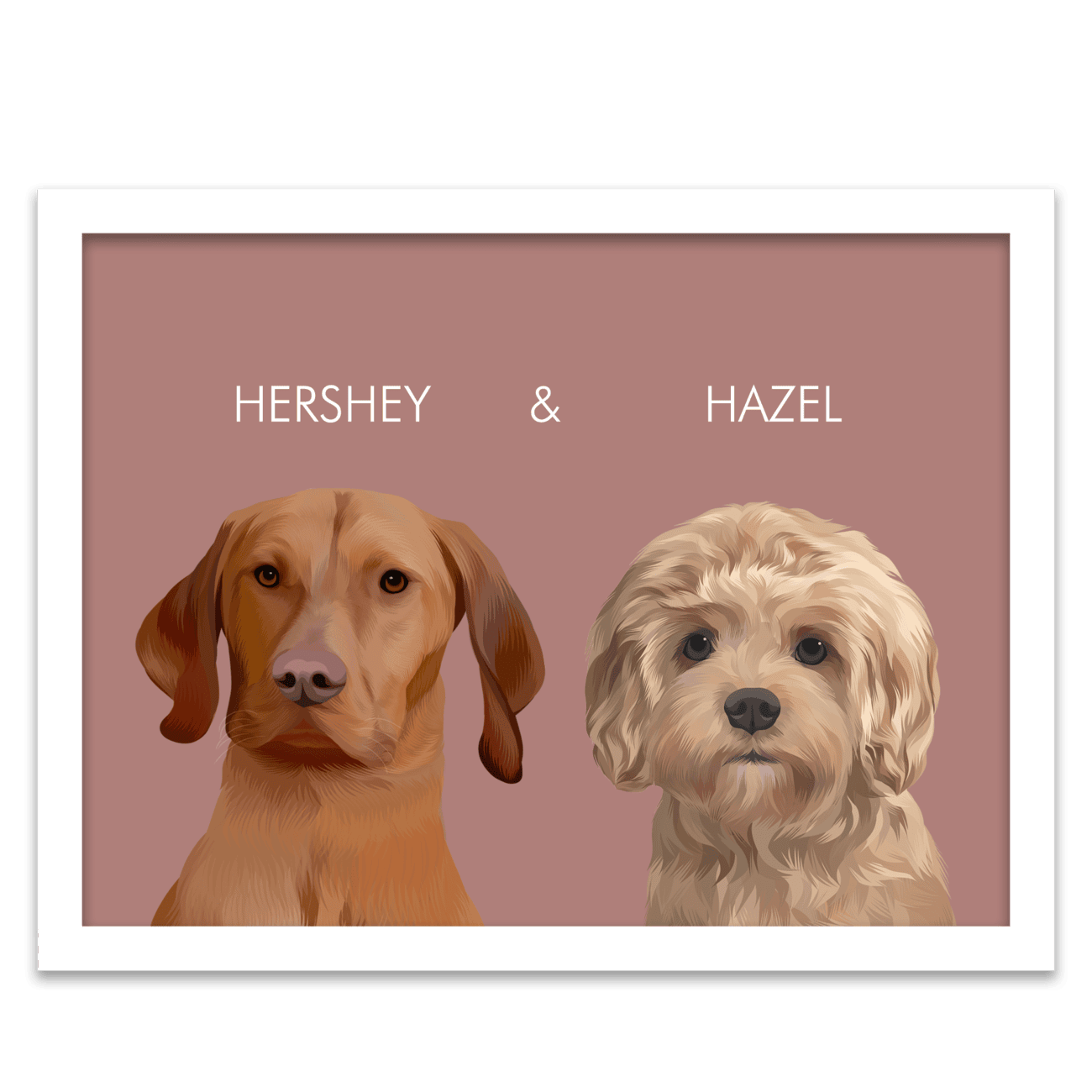 Framed 2 pet portrait artwork of a Vizsla dog named Hershey and a Poodle named Hazel on a neutral red colored background, framed in a white frame.