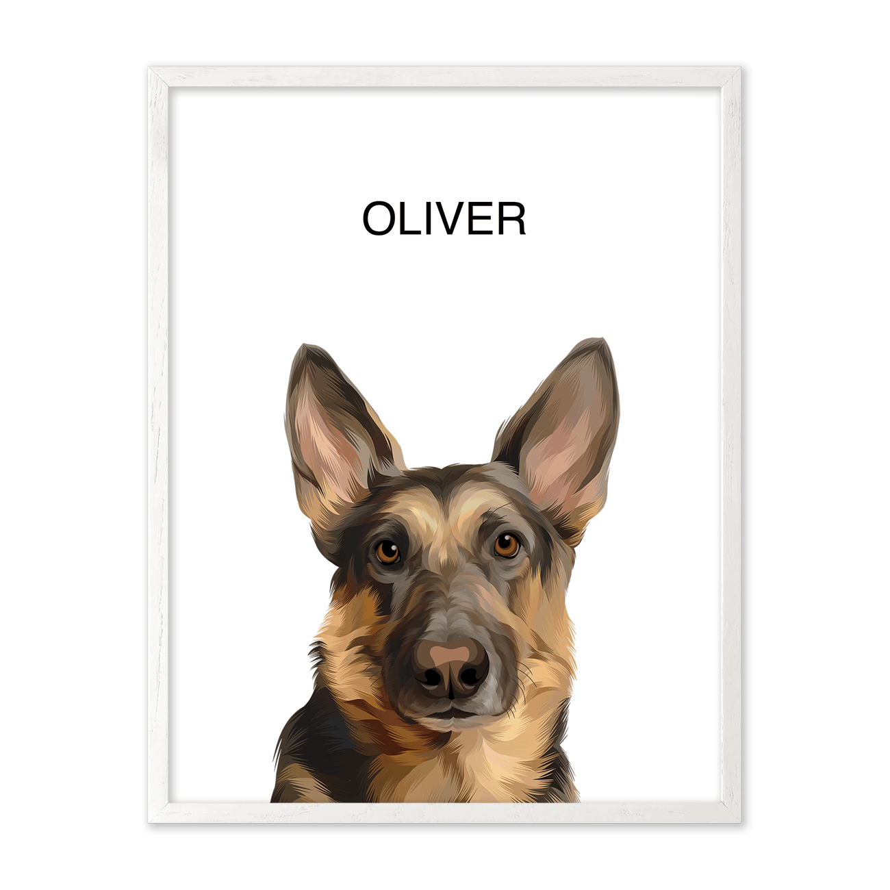 Natural vertical pet portrait of Oliver, framed in light-toned white oak for a soft, organic aesthetic.