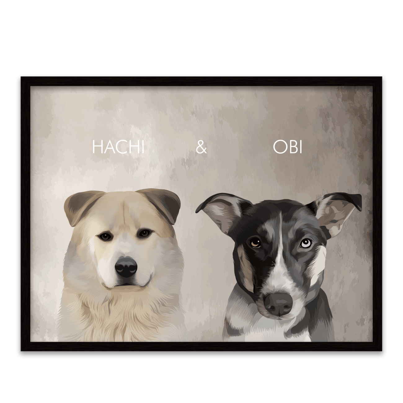 Hand-illustrated pet portrait of a white Akita named Hachi and a black dog named Obi, centered on a textured limewash background, and displayed in a metal frame.