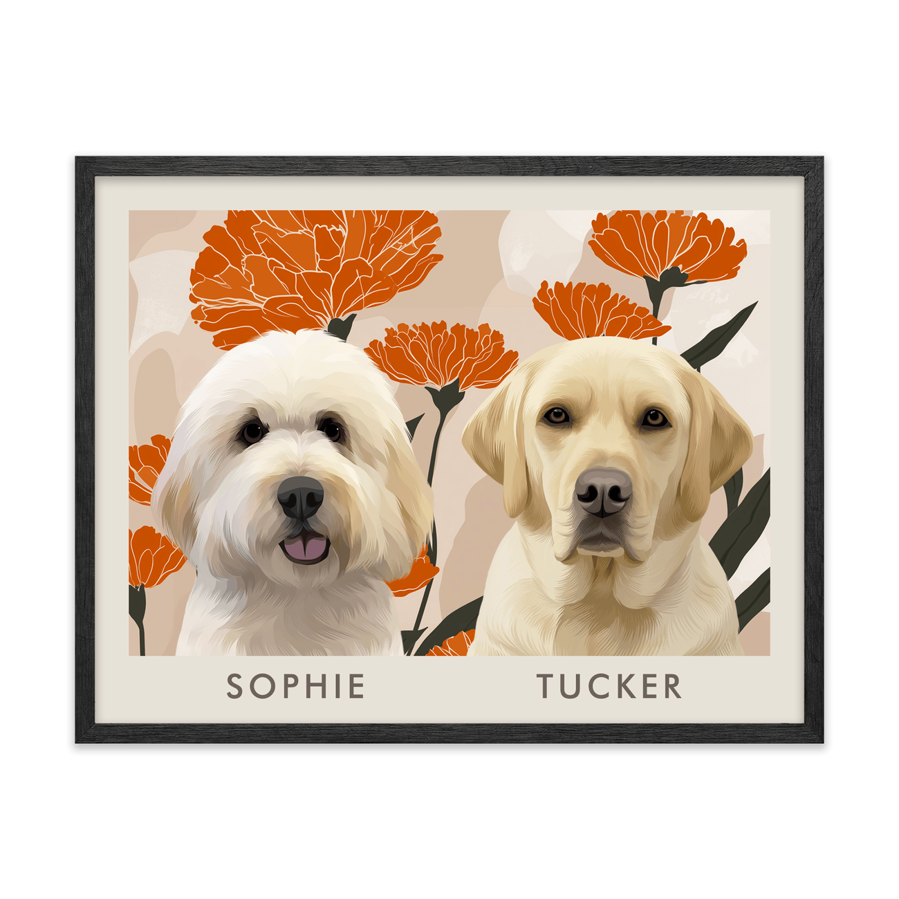 2petportrait-horizontal-bloomingmarigoldfloralillustration_Black-Oak-Frame.png