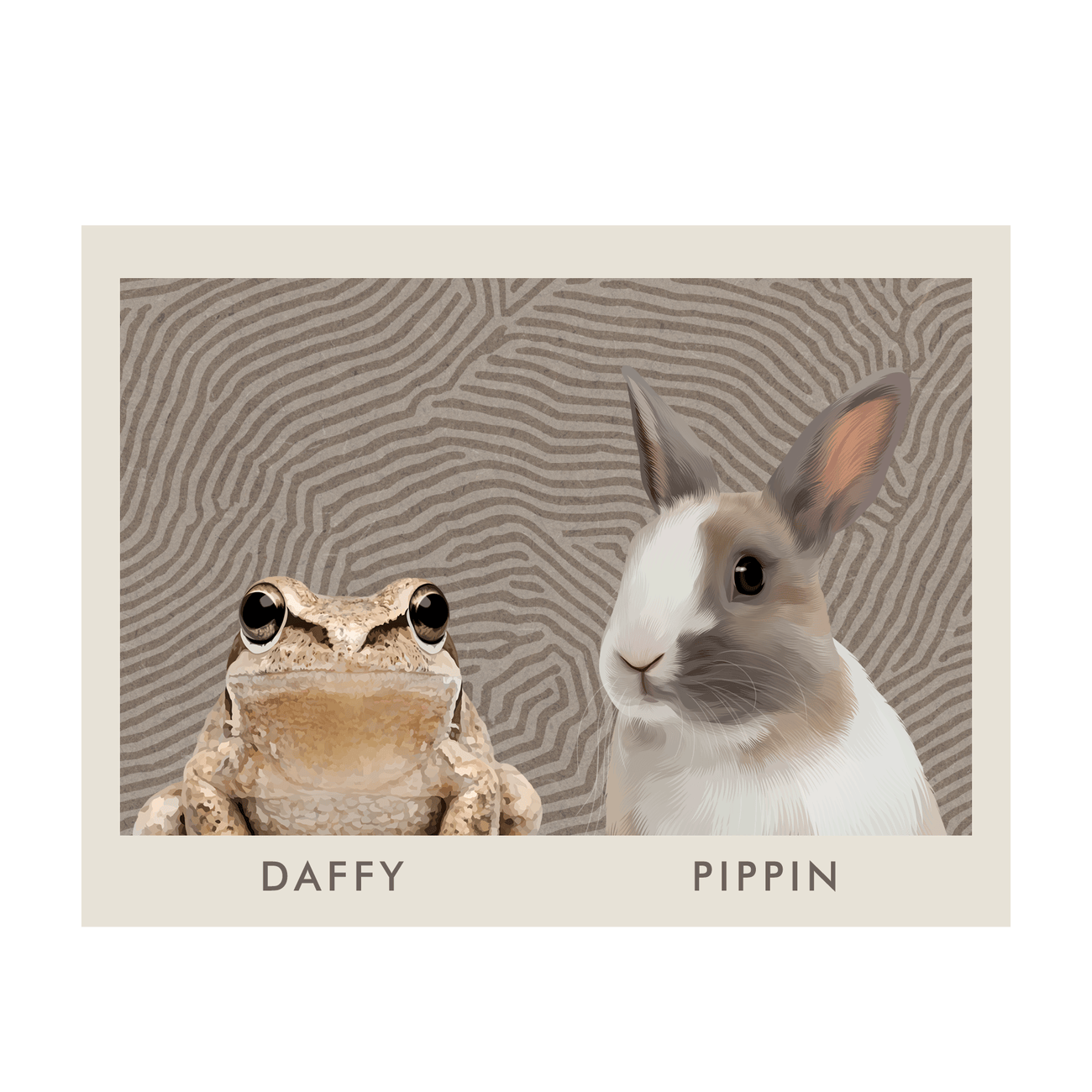 This Organic Terrain Lines Minimalist Pet Portrait features a frog and rabbit on a subtle terrain inspired background, presented as a clean horizontal print only design.