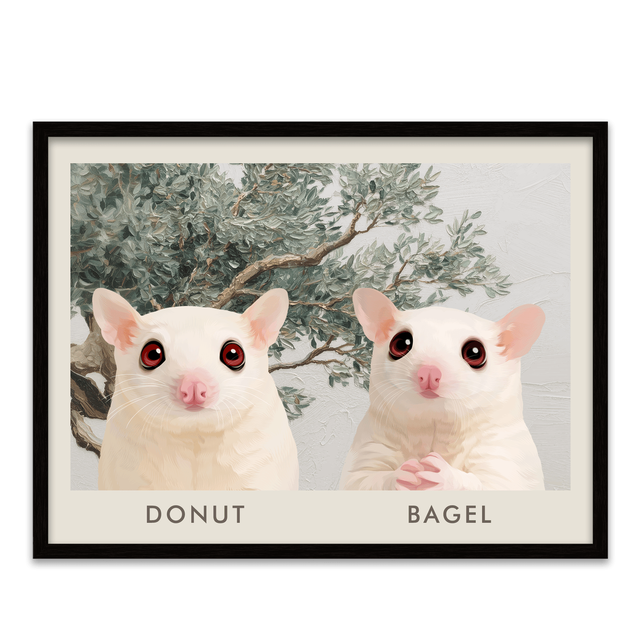 Modern metal frame displaying a custom two pet portrait from your pet set against a soft Mediterranean olive tree landscape.