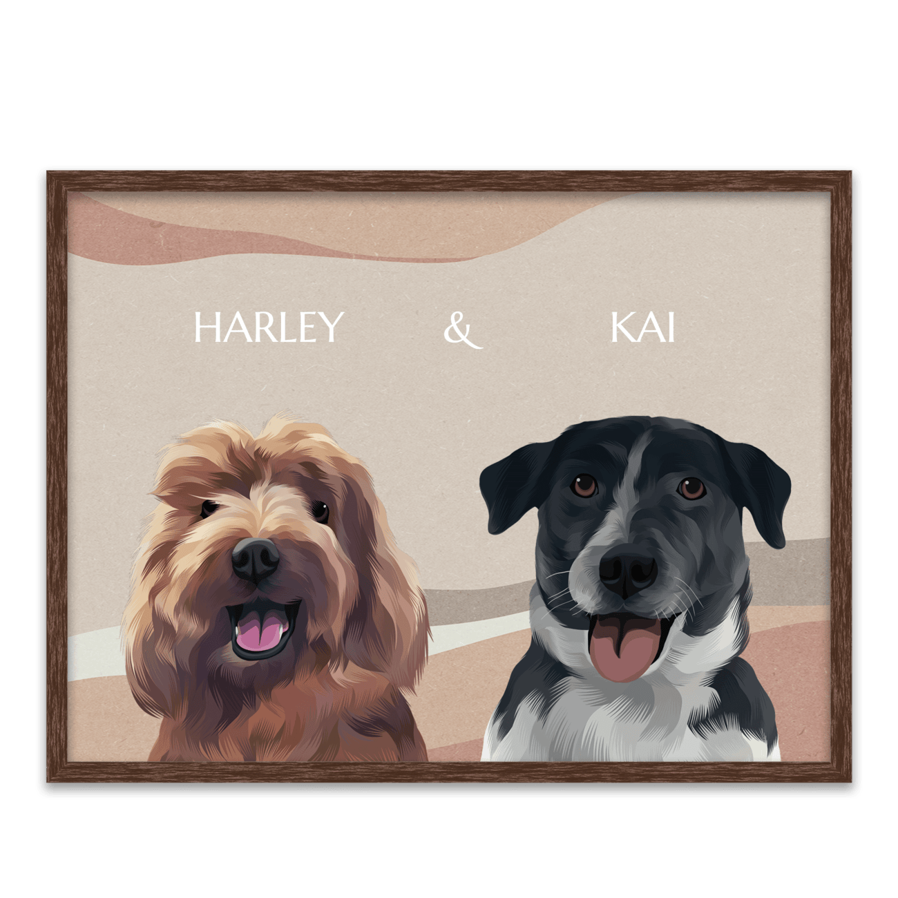 Boho pet portrait of a dog named Harley and a black dog named Kai, custom hand-illustrated with a warm earthy background and framed in a dark walnut frame.