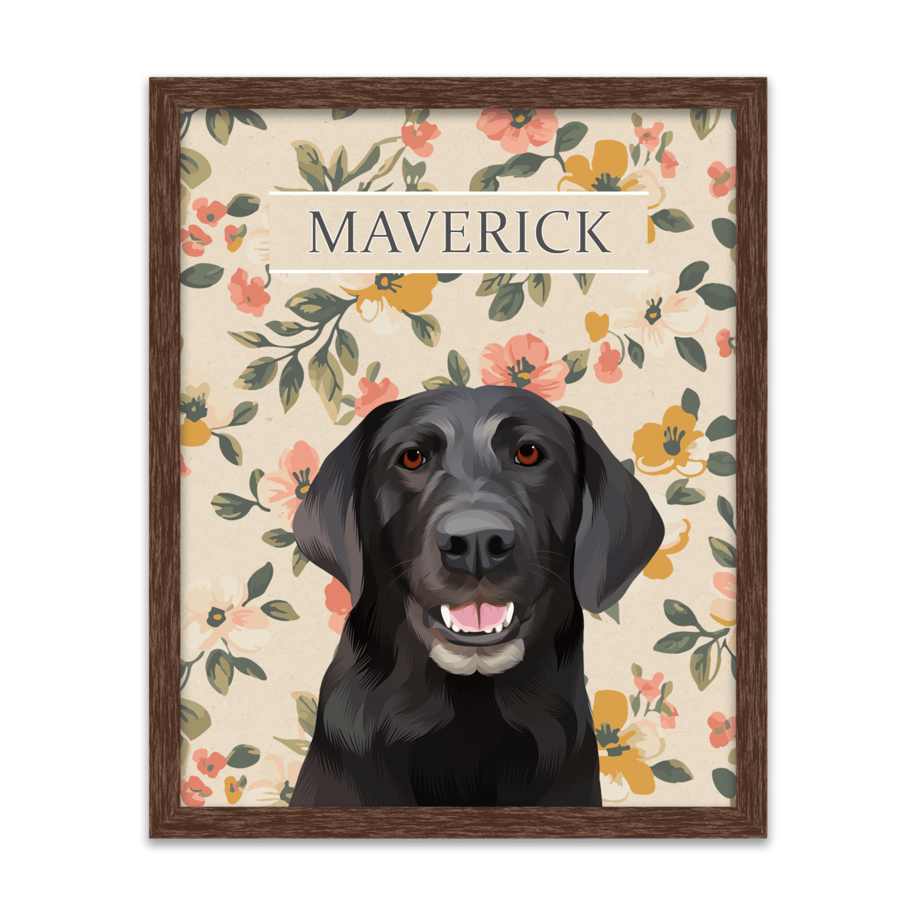 Vintage-style custom pet portrait of a black dog named Maverick , featuring a hand-illustrated floral background with a classic walnut frame.