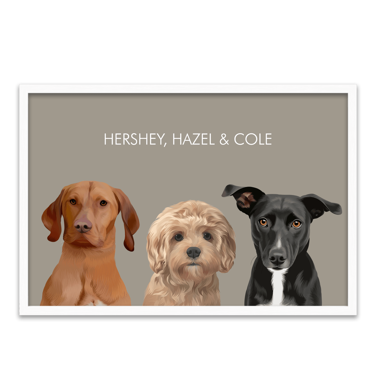 Premium white oak frame paired with a Soft Neutral Colored Background Pet Portrait in beige, showcasing three pets in a refined and natural horizontal layout.