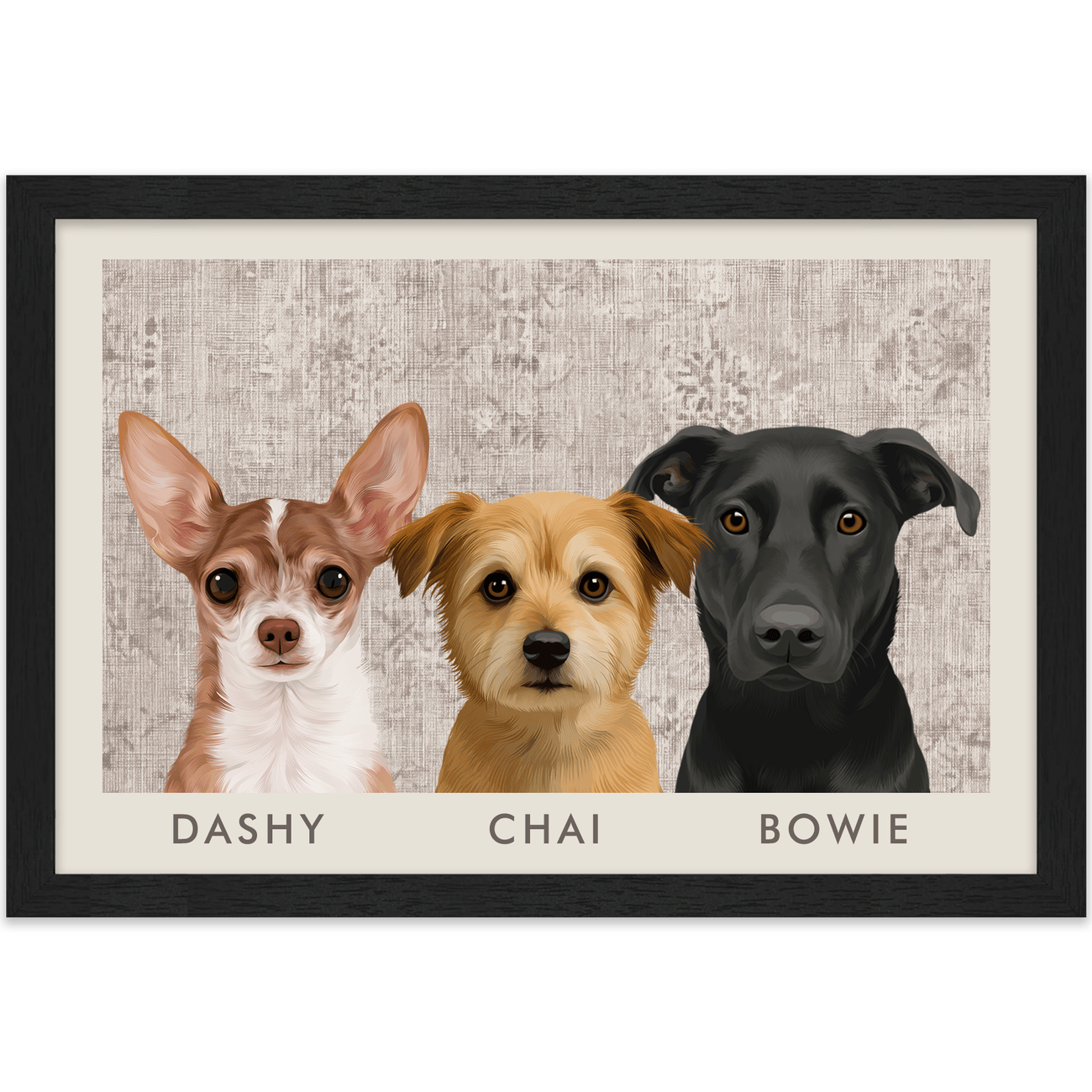Elegant three pet portrait featuring realistic custom dog illustrations layered over a distressed textile inspired background in a black frame
