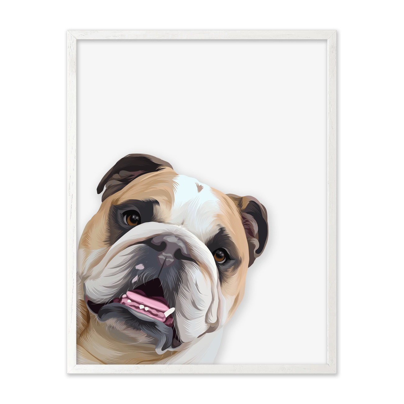 Presented in a white oak frame, this vertical playful peekaboo Bulldog pet portrait features a charming expression and contemporary illustration style.