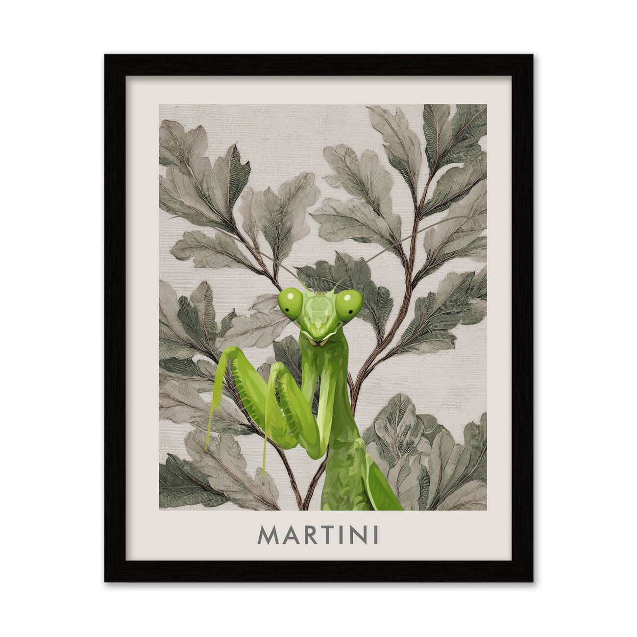 Personalized green praying mantis illustration on vintage botanical leaf background, metal framed wall art.
