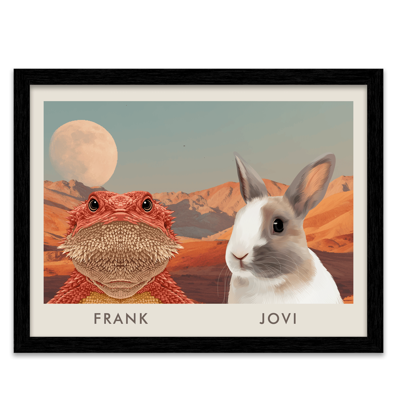 Horizontal desert moon pet portrait of a bearded dragon and white rabbit named Frank and Jovi in a black frame.