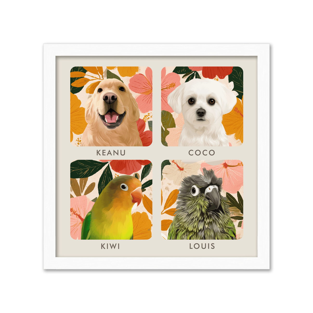 4pet-portrait-square-golden-hawaiin-hibiscus-sunset-whiteoakframe.png