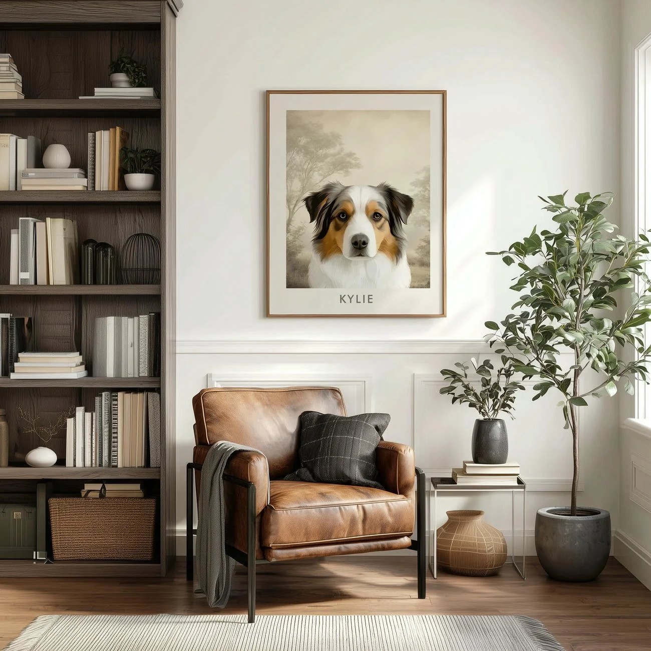 Retro rainbow pet portrait hanging on wall