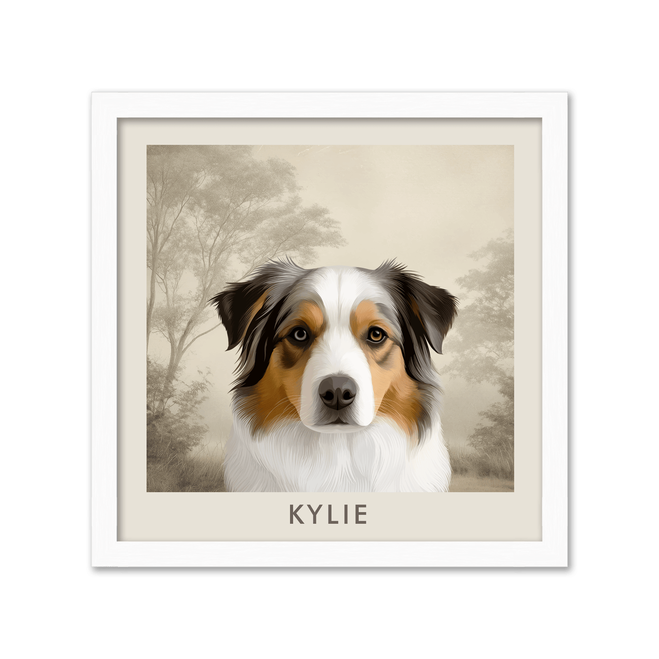 Rustic white oak frame paired with a soft landscape pet portrait, featuring an Australian Shepherd in nostalgic countryside scenery.