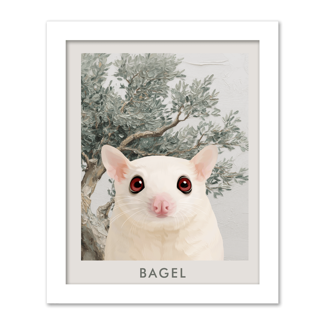 Vertical custom pet portrait from your pet in a bright white frame with a soft neutral Mediterranean olive tree background.