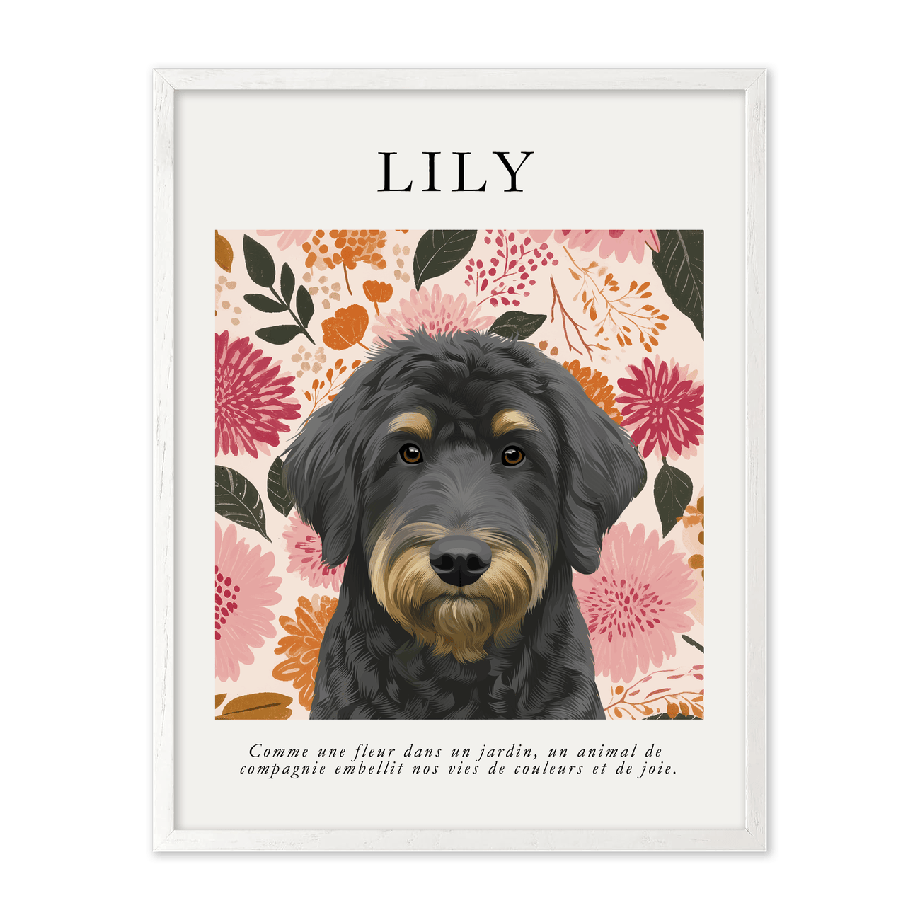 petportrait-vertical-warmgoldensunsetwildflowers_White-Oak-Frame.png