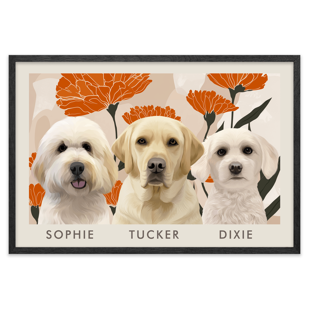 3petportrait-horizontal-bloomingmarigoldfloralillustration_Black-Oak-Frame.png