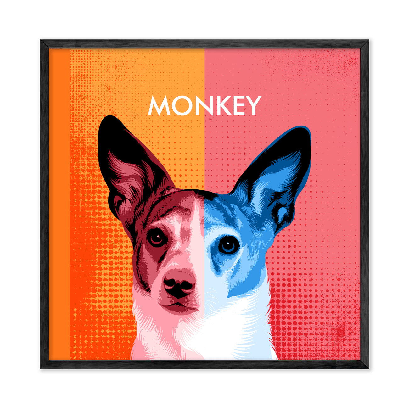 This eye catching modern pop art pet portrait combines playful two toned color blocking and graphic textures, finished with a sleek metal frame for contemporary appeal.