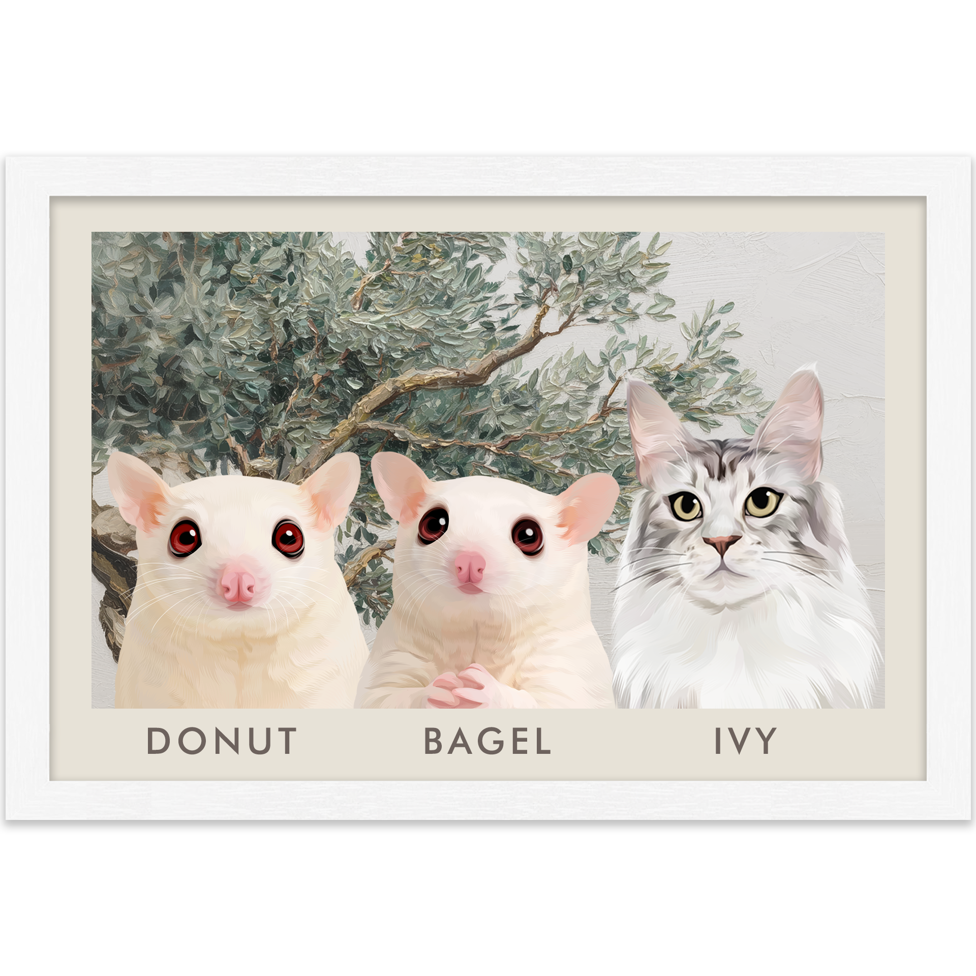 3petportrait-horizontal-mediterraneanolivetreebranch_Standard-White-Frame.png