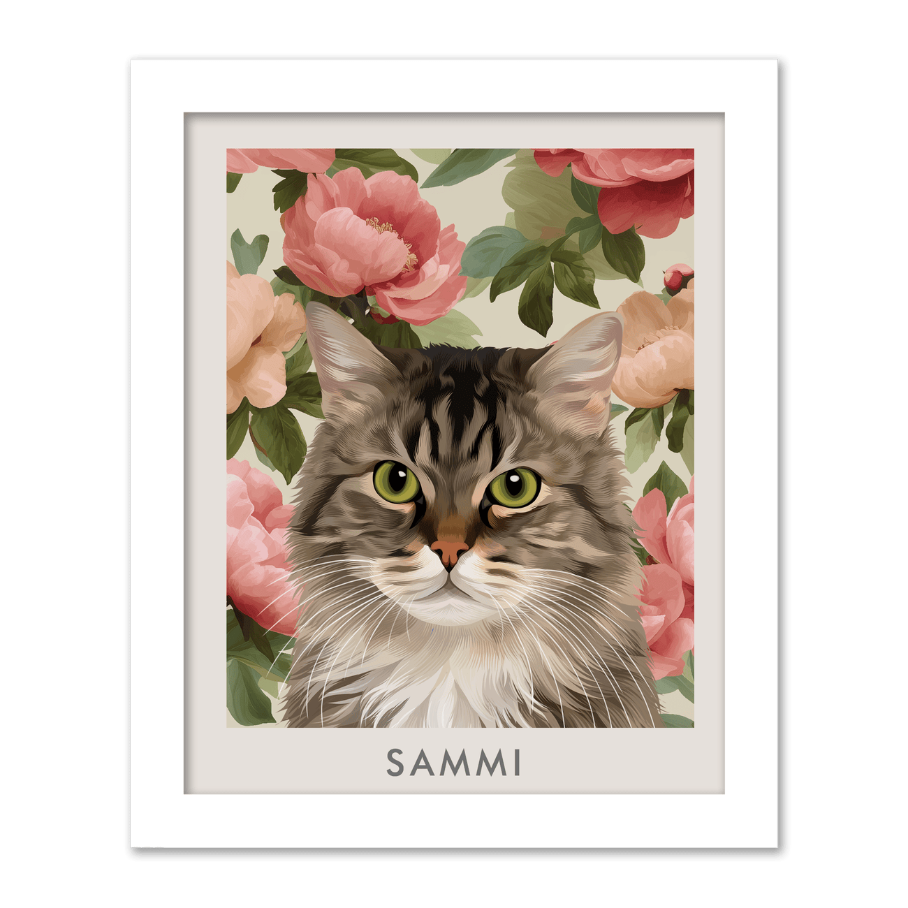 Vertical white framed vintage blush pink peonies pet portrait of tabby cat Sammi, airy floral design with delicate blush petals.