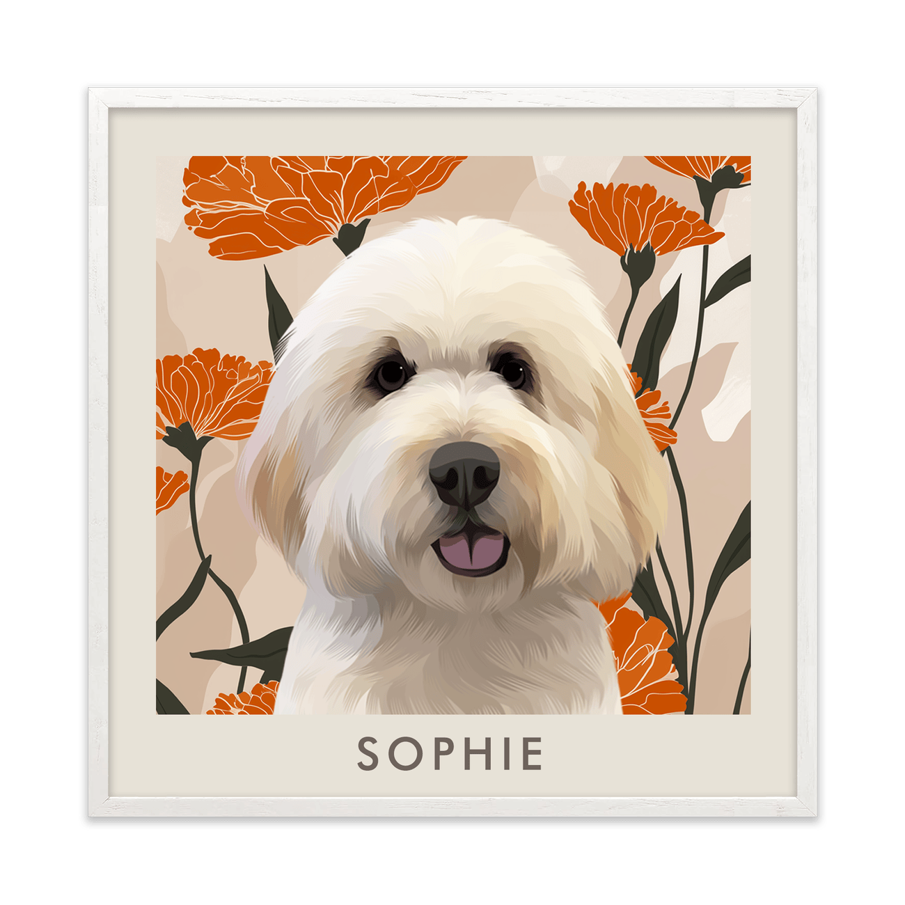 1petportrait-square-bloomingmarigoldfloralillustration_White-Oak-Frame.png