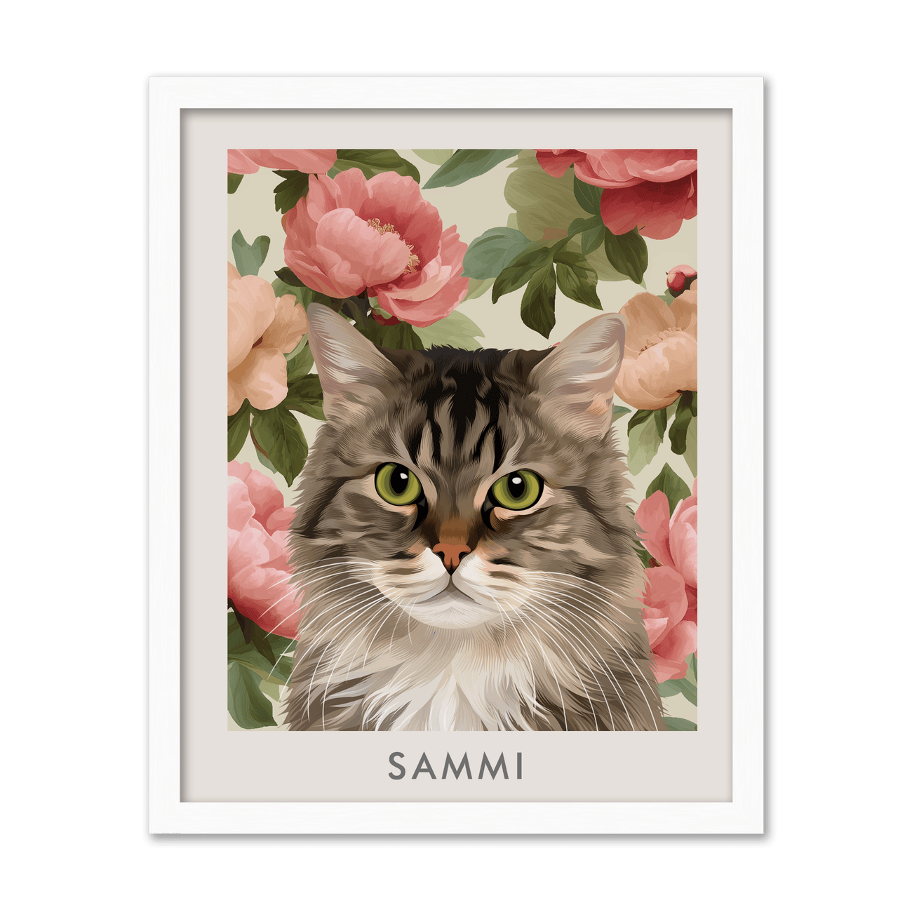 Vertical white oak framed vintage blush pink peonies pet portrait of tabby cat Sammi, natural wood tones paired with lush pink florals.