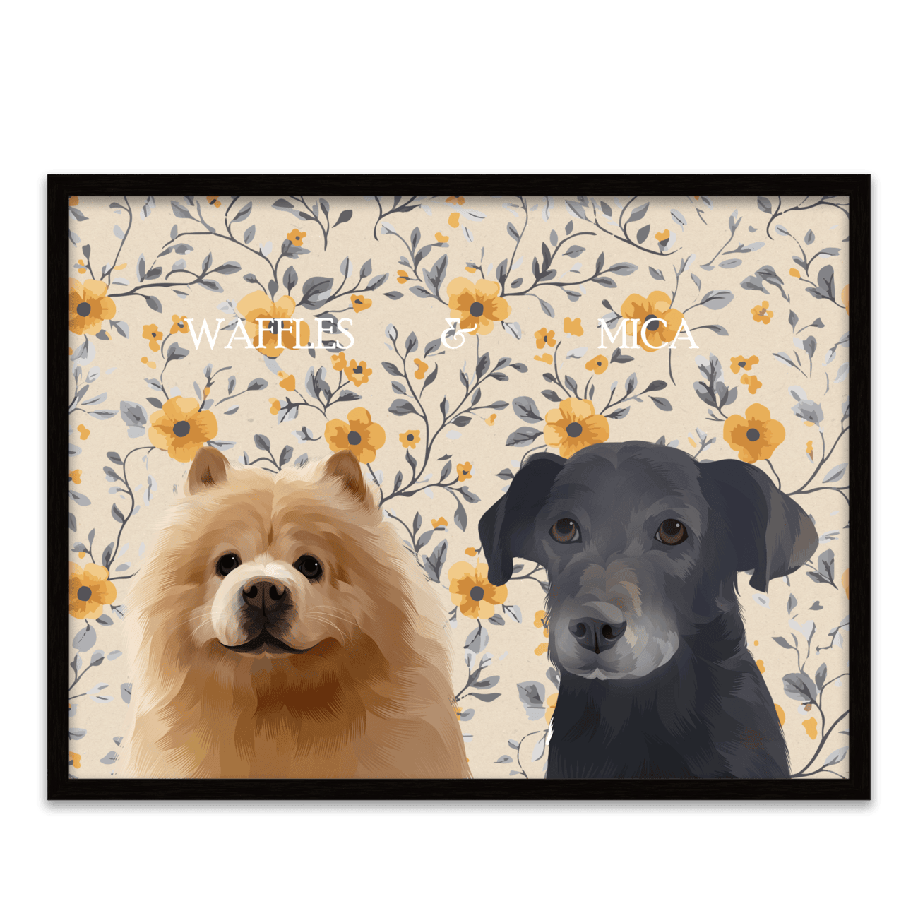Charming custom pet portrait of a fluffy dog named Waffles and a black dog named Mica, illustrated with a vintage soft yellow floral background, framed in a metal frame.