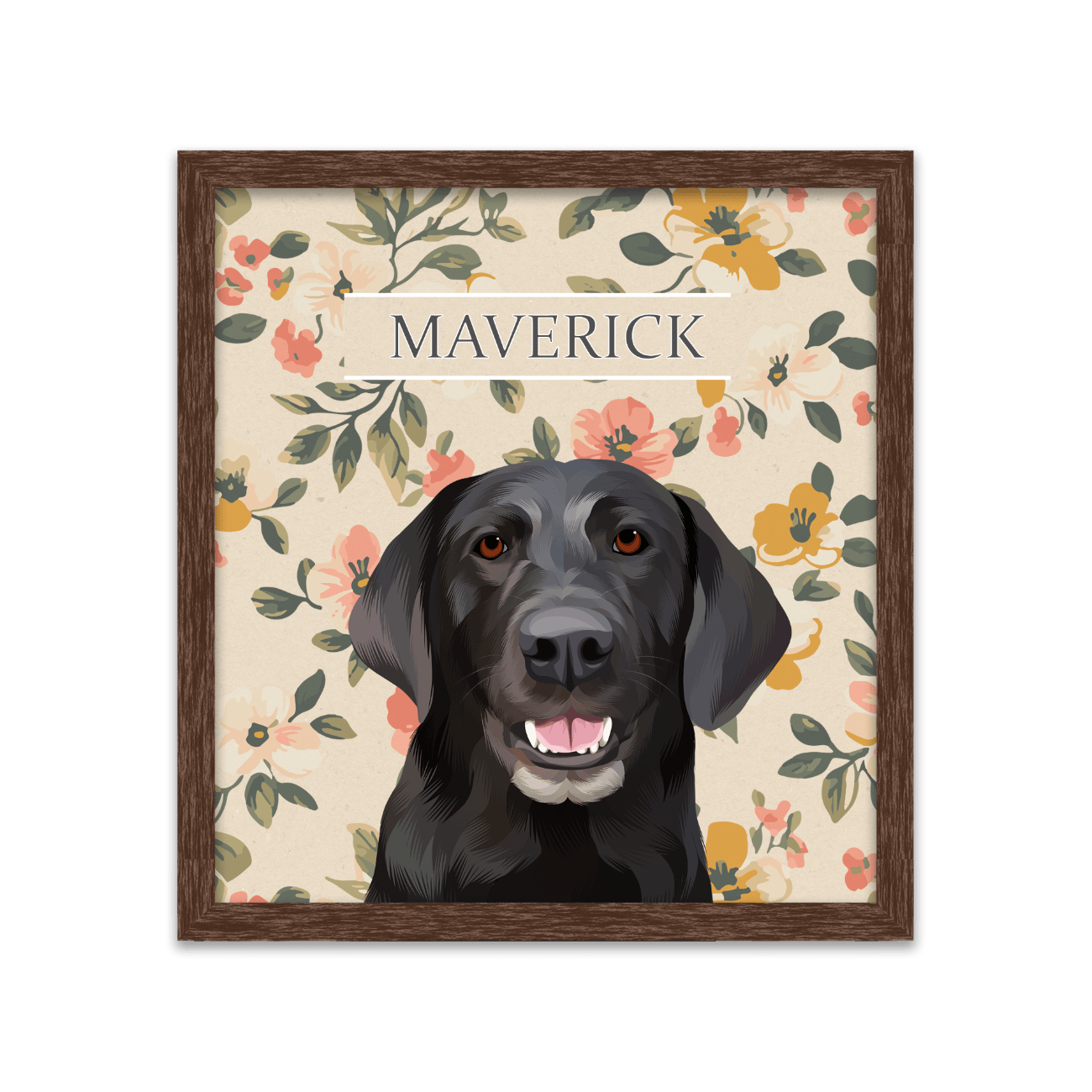 Vintage-style custom pet portrait of a black dog named Maverick , featuring a hand-illustrated floral background with a classic square walnut frame.