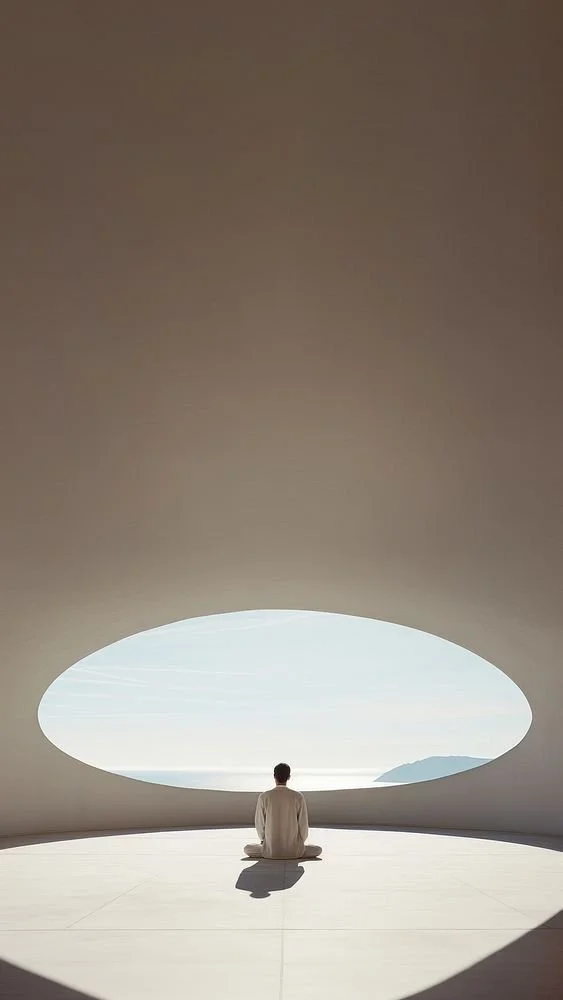 A person sitting cross-legged meditating inside a modern structure with a large oval opening, looking out at the sky and distant mountains.