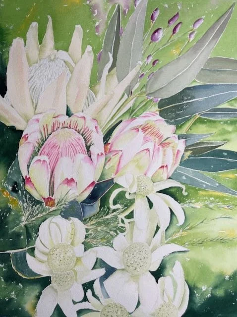 Watercolor painting of tropical flowers including protea, orchids, and greenery.