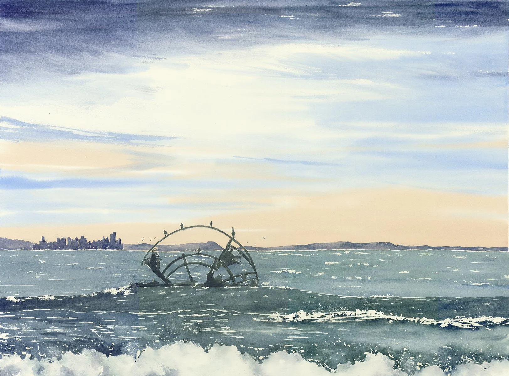 A painting of a partially submerged, rusted, circular structure in the ocean with birds perched on top, and a city skyline in the distance under a cloudy sky.
