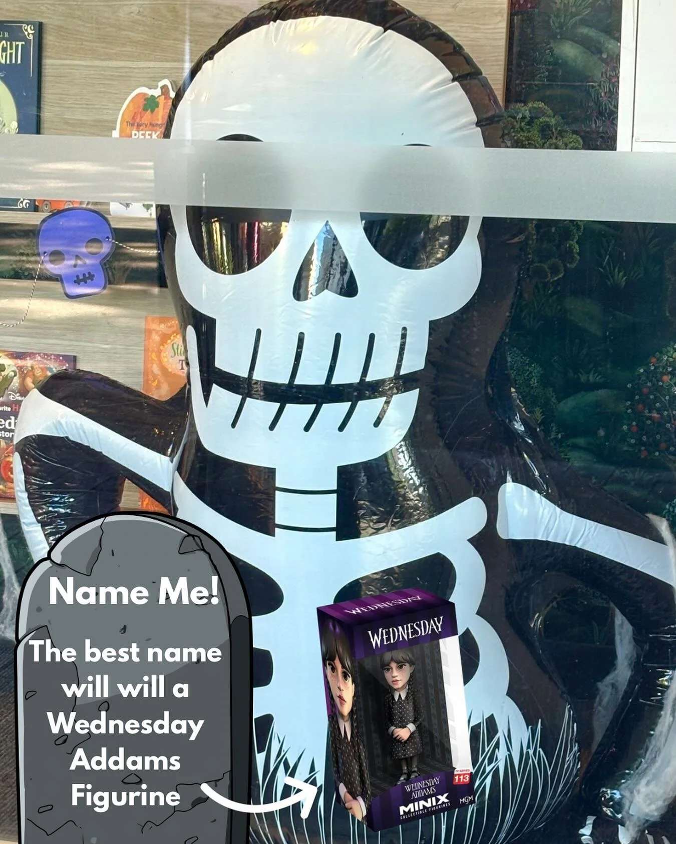 🎃A Halloween Treat🎃

Thanks to everyone who visited us on Halloween. A little treat for you: give this spooky skeleton a name in the comments to go into the draw to win a Wednesday Addams figurine! 

The best name wins 🎉 May the odds be ever in yo