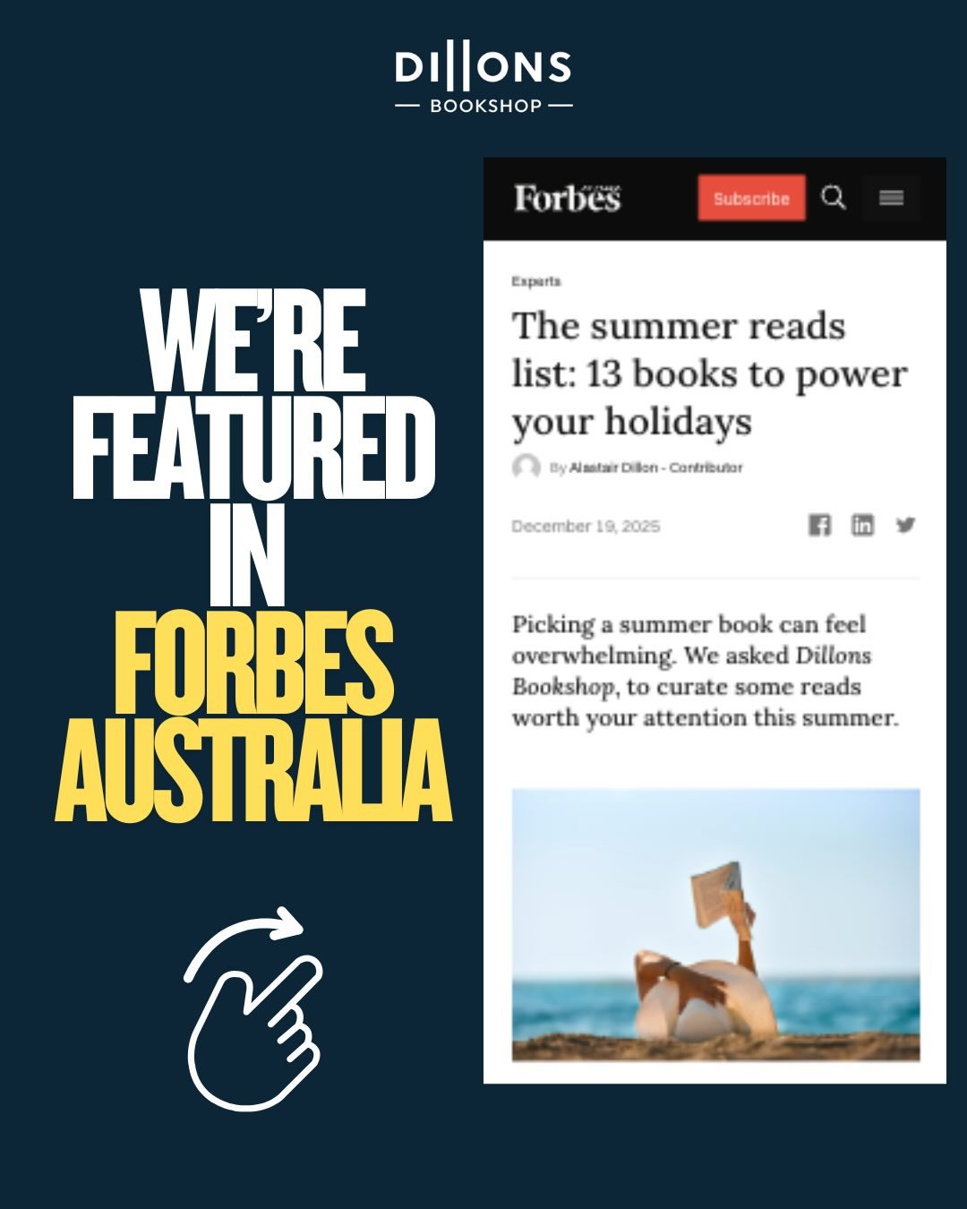 We&rsquo;re a little chuffed to be asked to curate Forbes Australia&rsquo;s Summer Reads list.

We chose 13 recommended reads tailored to their audience. They&rsquo;re all books we love and regularly recommend to our customers.

Read the full article