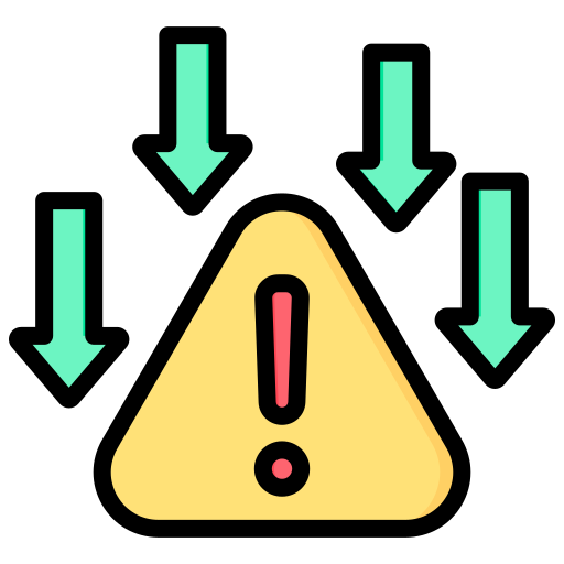 Alert icon with yellow triangle, exclamation mark, and four downward-pointing arrows.