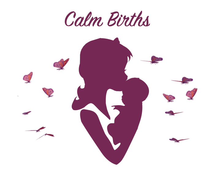 Silhouette of a woman holding a baby with the words 'Calm Births' above, surrounded by butterflies.