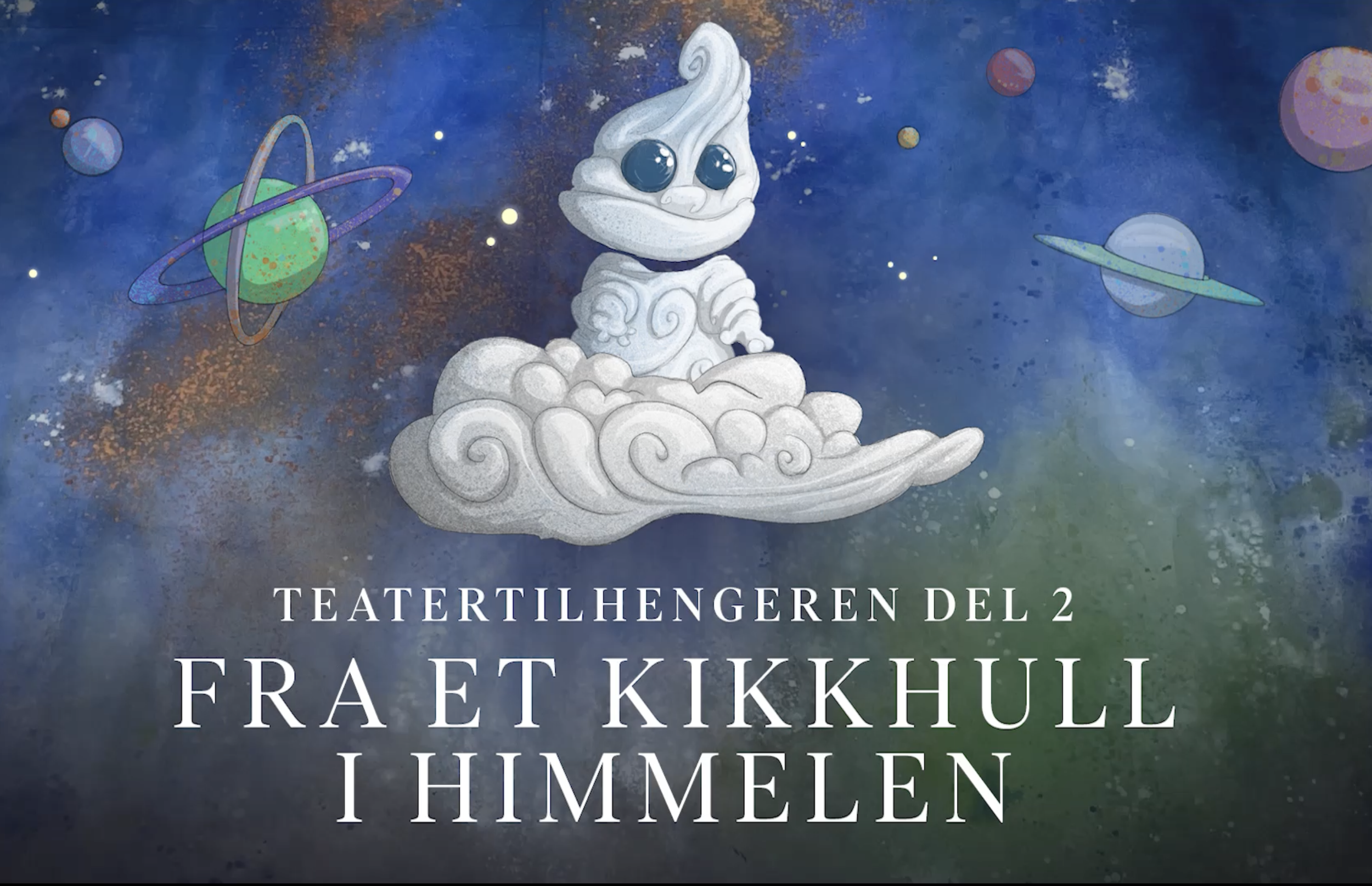 A drawn image of a young cloud-child sitting on it's cloud with planets, stars and cosmic eternity in the background.