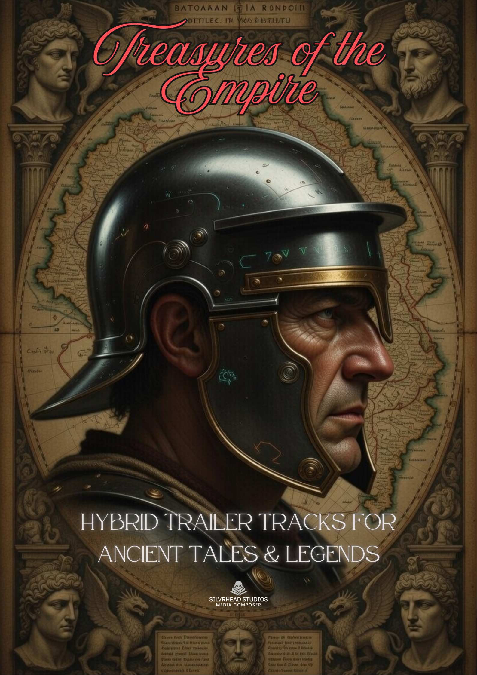 A side profile of an ancient soldiers face on an old mythical map