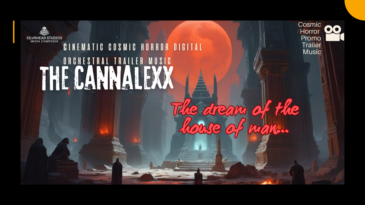 A cosmic horror scene with a temple and red moon