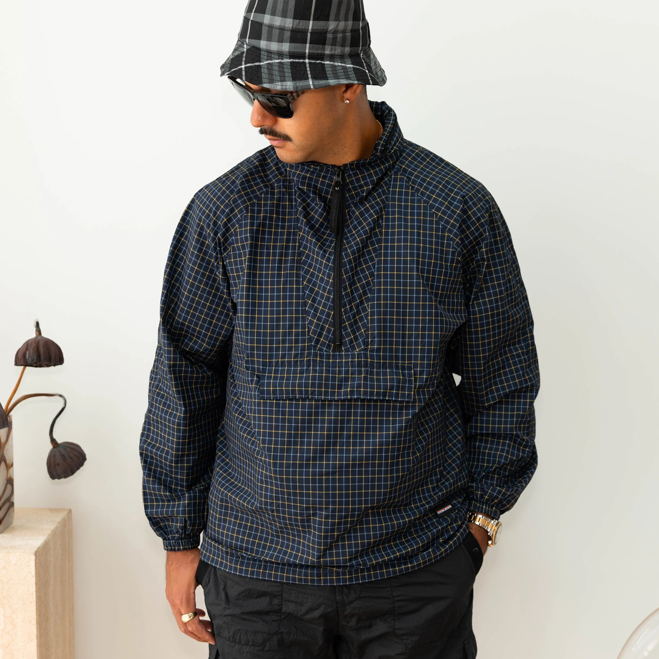 Vintage Thomas Burberry 1/4 Zip Windbreaker - Navy Grid