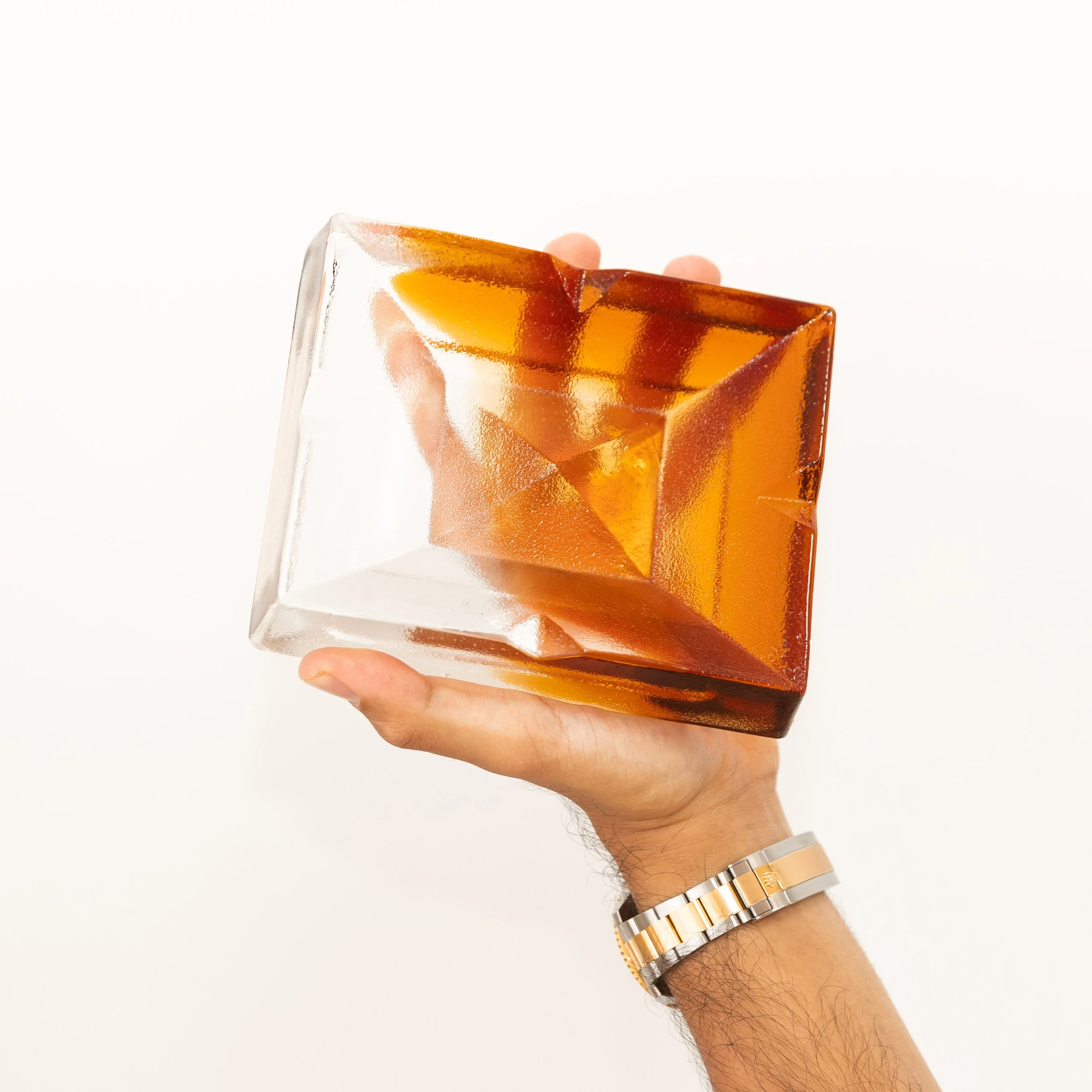 Mid Century Block Ashtray - Amber Glass