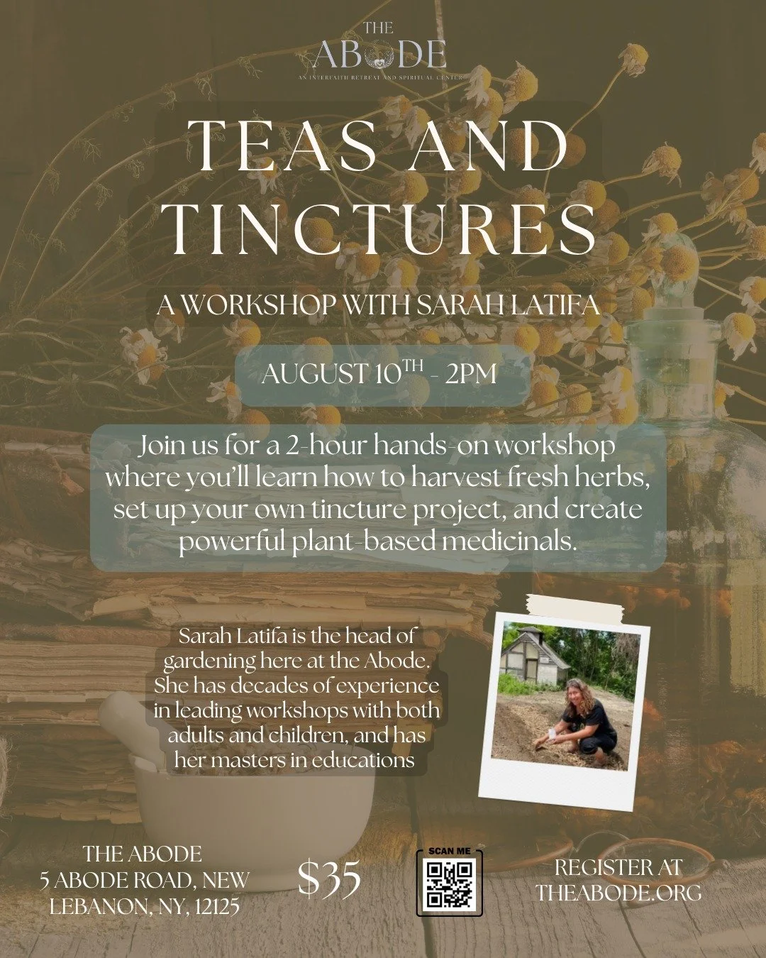 Still some spots open for our tea and tincture class with Sarah Latifa, Sunday, August 10th, with teacher Sarah Latifa! 🌻

It's a great opportunity to come to the Abode campus, if you've never have, and you'll have time afterwards to stroll the gard