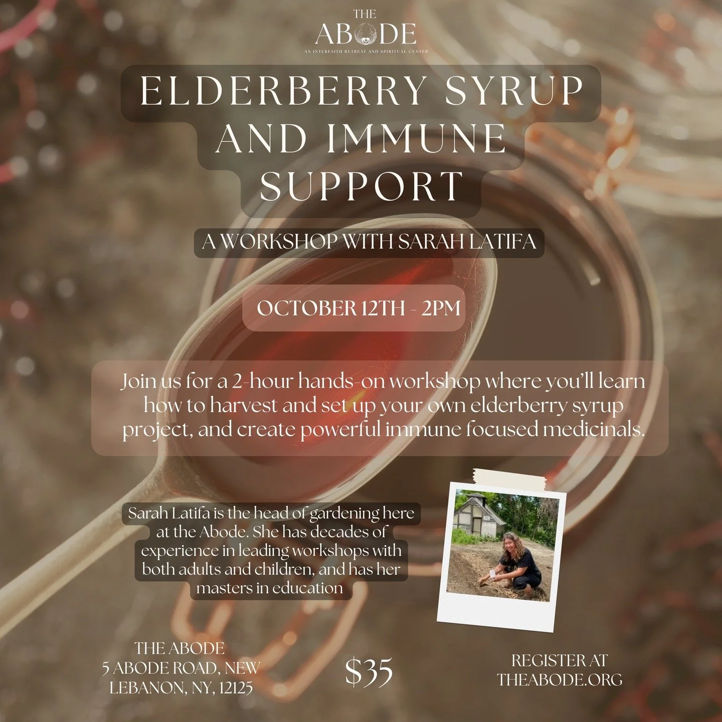 Make Your Own Elderberry Syrup &amp; Winter Tea Blends 🌿

Join us for a cozy 2-hour workshop where you&rsquo;ll learn how to craft your own elderberry syrup and delicious winter tea blends! We&rsquo;ll do some light harvesting in the Abode gardens t