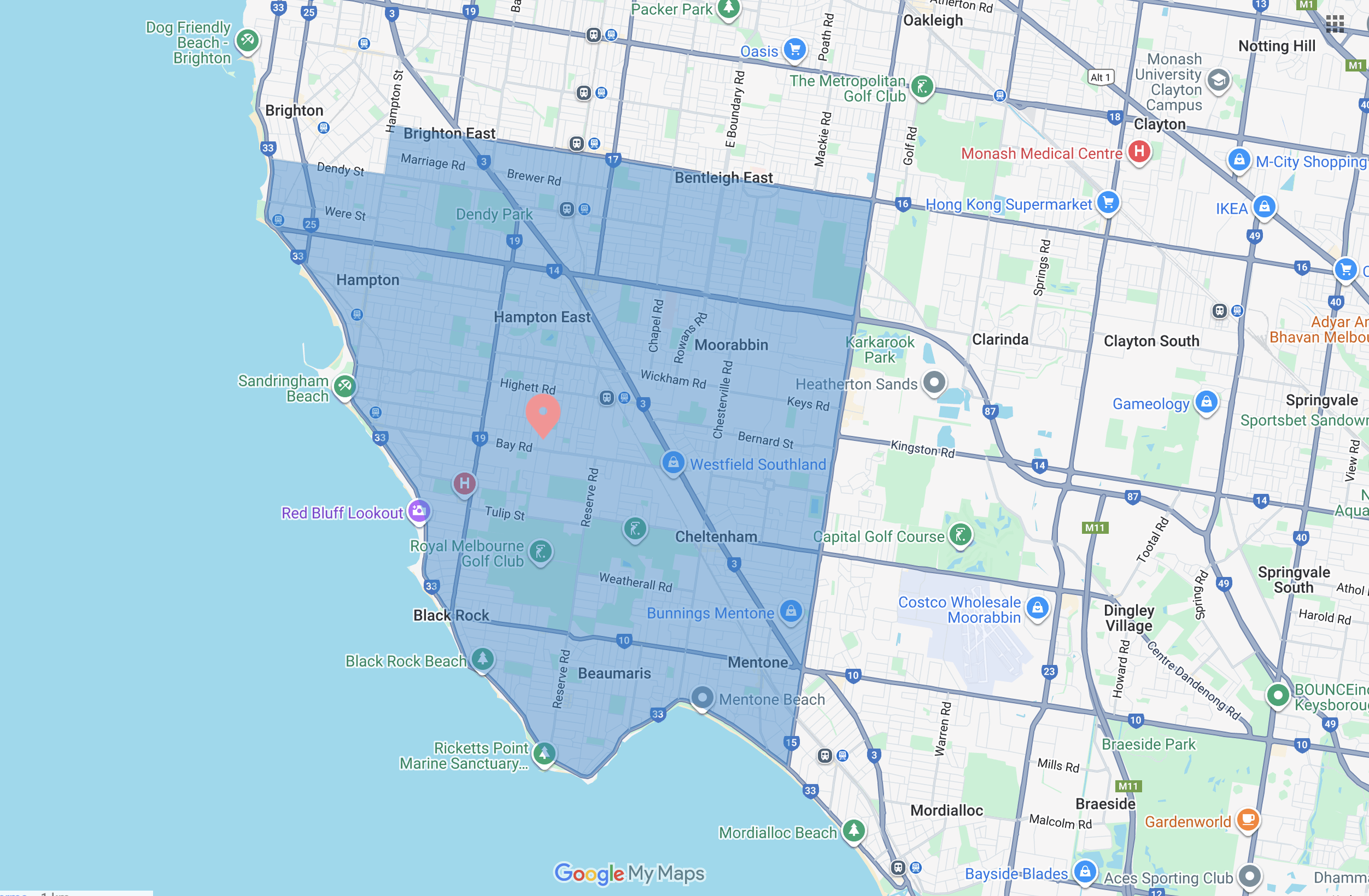 Map of suburbs and beaches in Melbourne, Australia, with highlighted areas in blue, showing streets, parks, and landmarks.