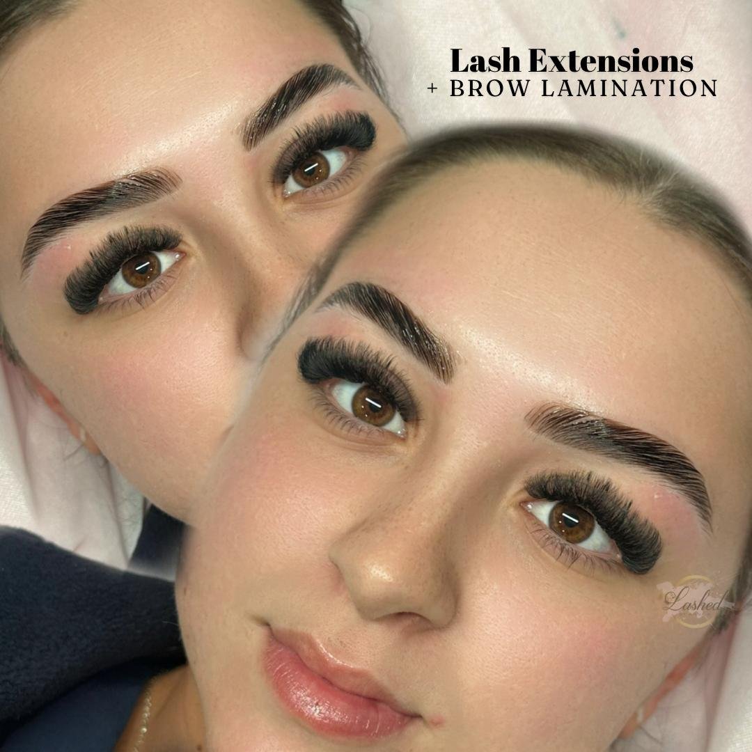 Close-up of two women with freshly done eyelash extensions and eyebrow lamination, lying down, with the text "Lash Extensions + Brow Lamination" in the top right corner.
